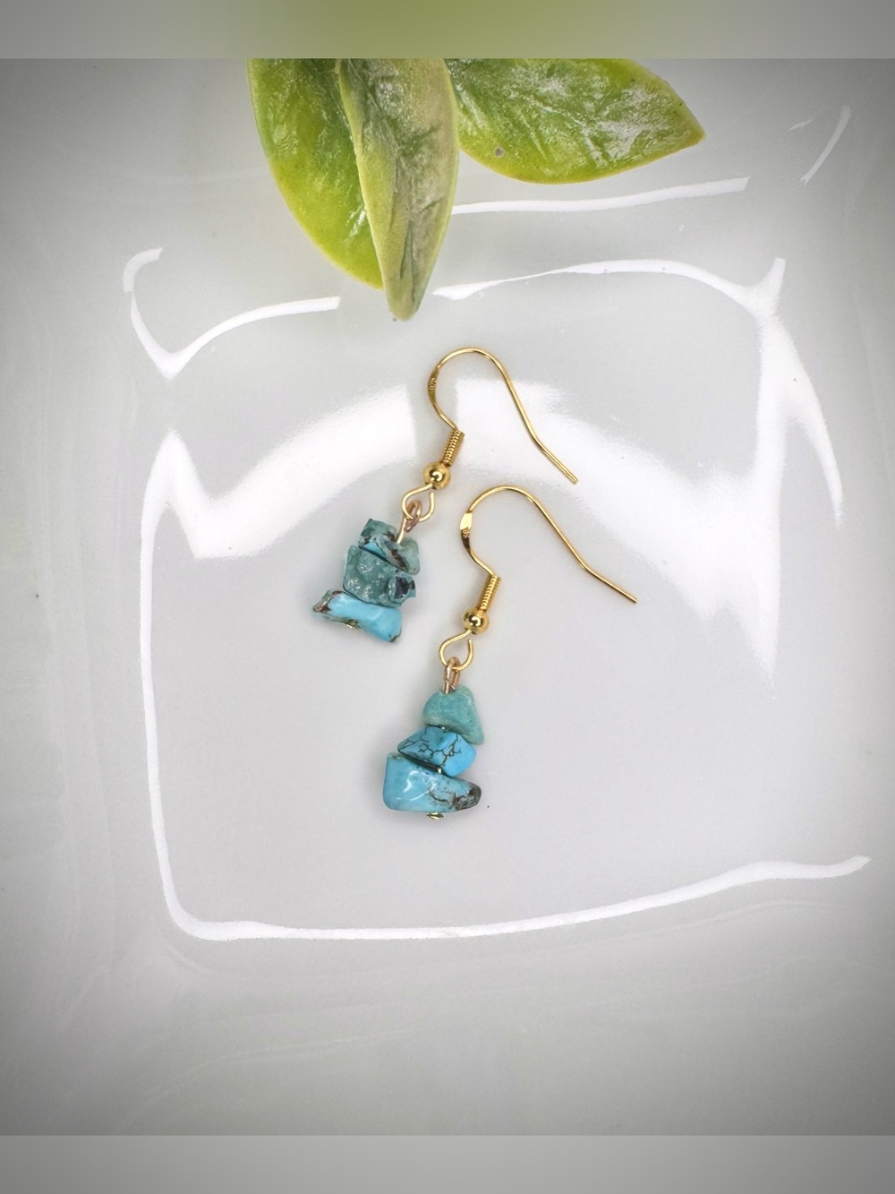 Natural Turquoise Stone Dangle Earrings with Gold Tone 925 Sterling Silver Hooks